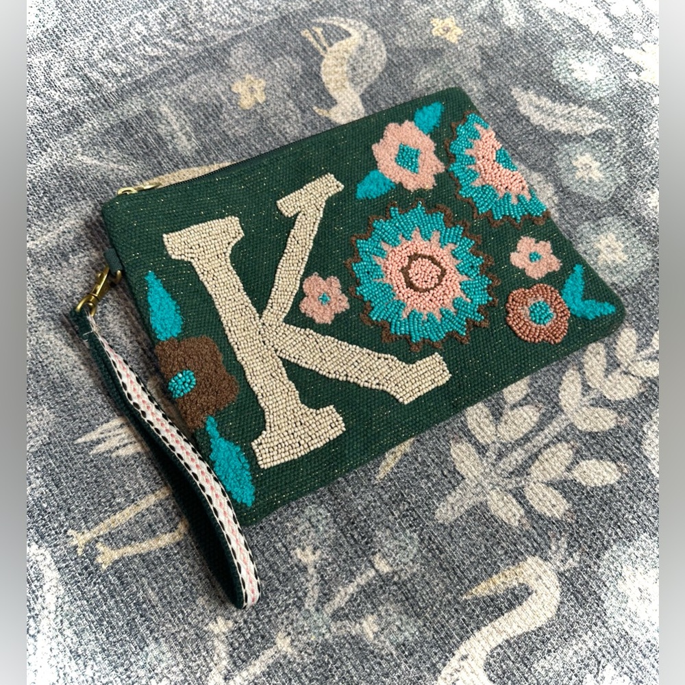 America & Beyond Beaded Initial K Green Turquoise Pouch Wristlet